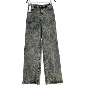 Mebon by Machine Studded Jeans 3 Jr Women Black Acid Wash Wide Leg High Rise NEW